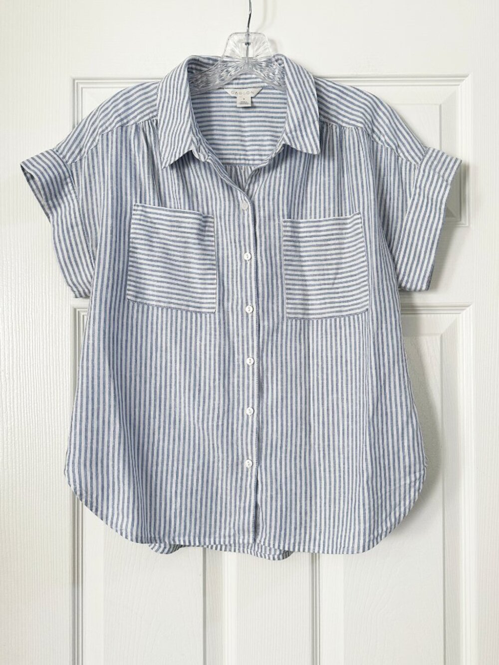 Caslon Linen Blend Short Sleeve Button-Up Shirt - Blue White Stripe - Small